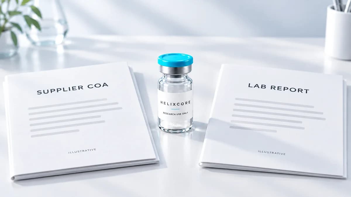 Illustration: Illustrative supplier certificate and laboratory report beside a research vial.