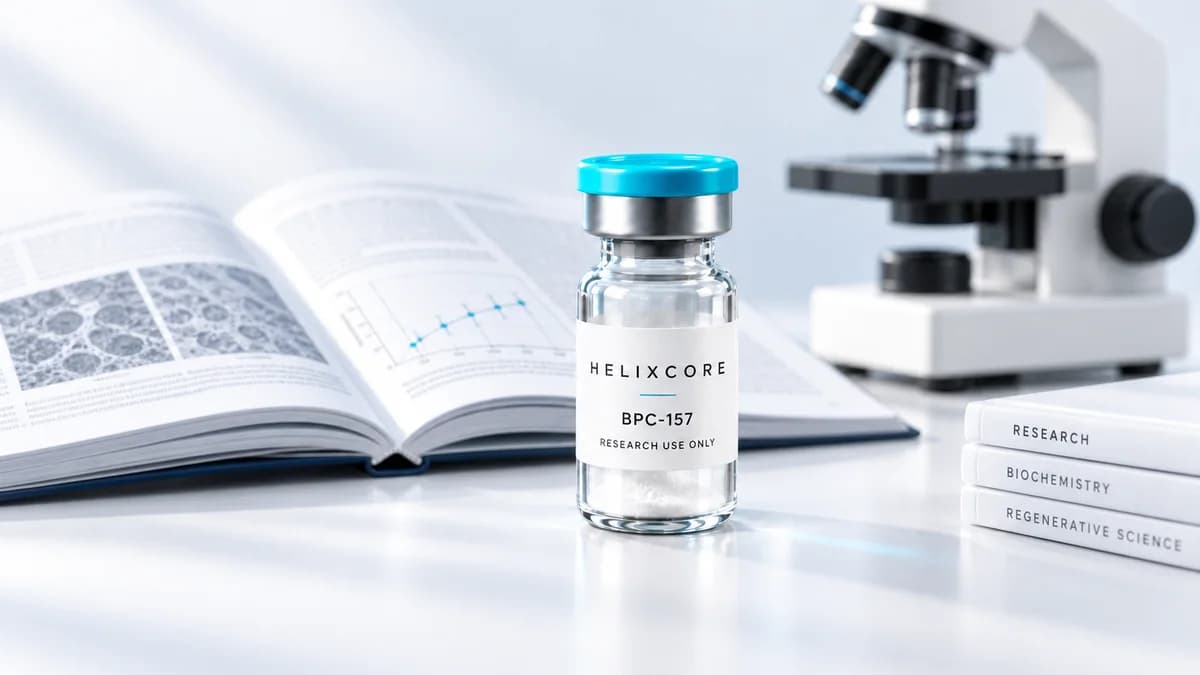 Illustration: BPC-157 research vial with an open journal and microscope.