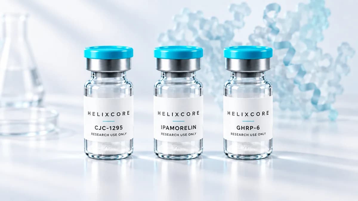 Illustration: CJC-1295, Ipamorelin and GHRP-6 research vials for comparison.
