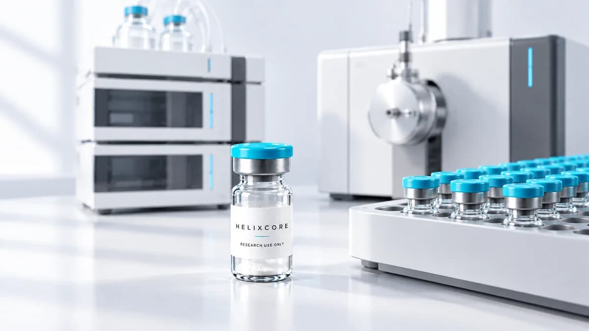 Illustration: HelixCore research vial beside analytical instruments and an autosampler tray.