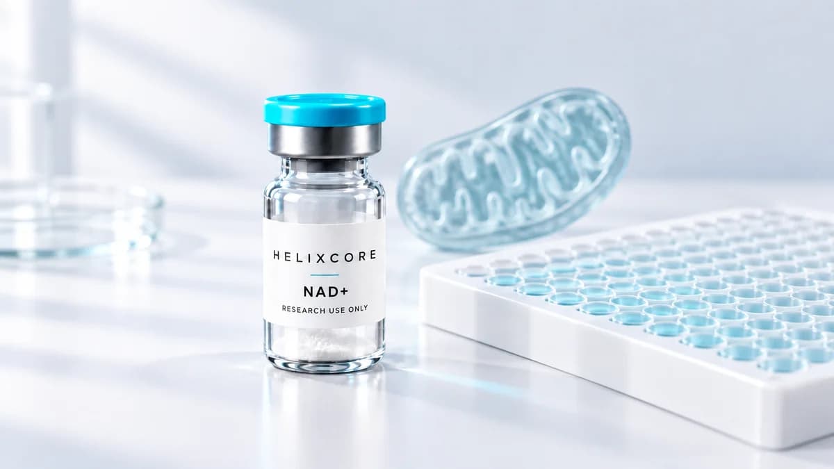 Illustration: NAD+ research vial beside an assay plate and an illustrative mitochondrion.