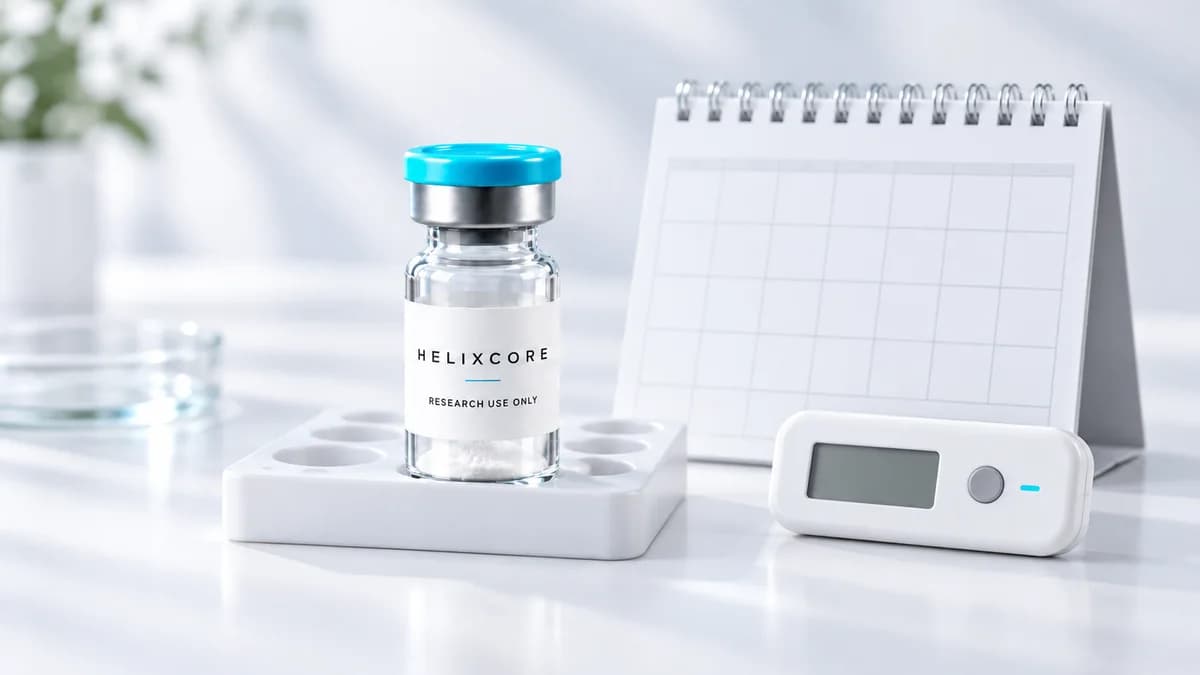 Illustration: Research vial with a calendar and temperature logger, illustrating stability monitoring.
