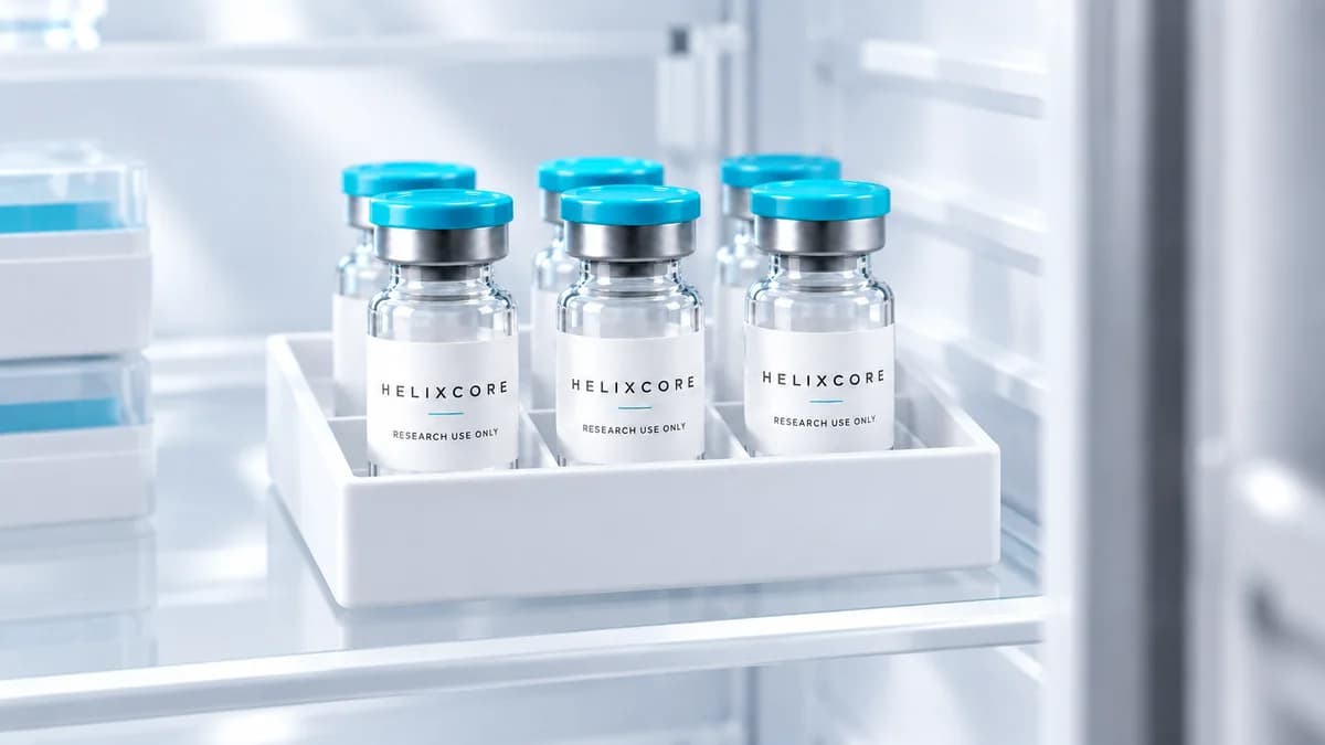 Illustration: Capped research vials organised in a laboratory storage box.