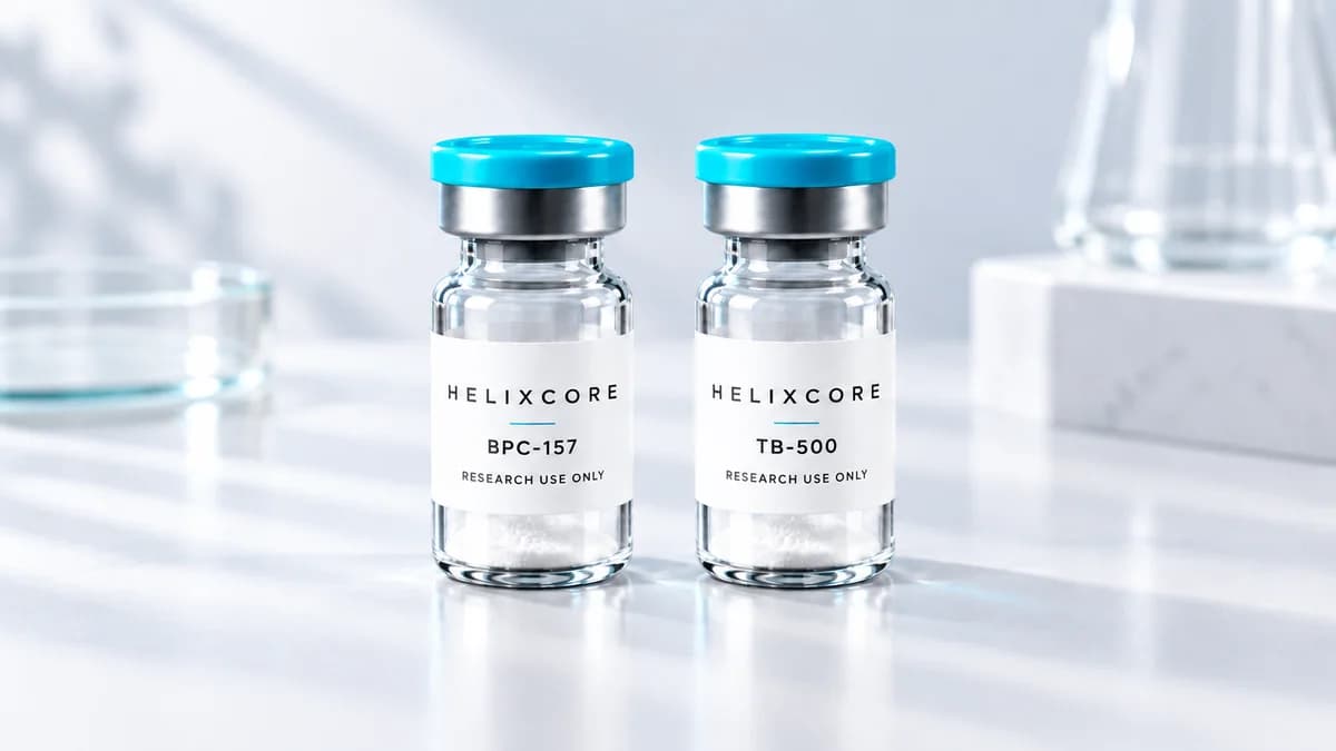 Illustration: BPC-157 and TB-500 research vials arranged side by side.