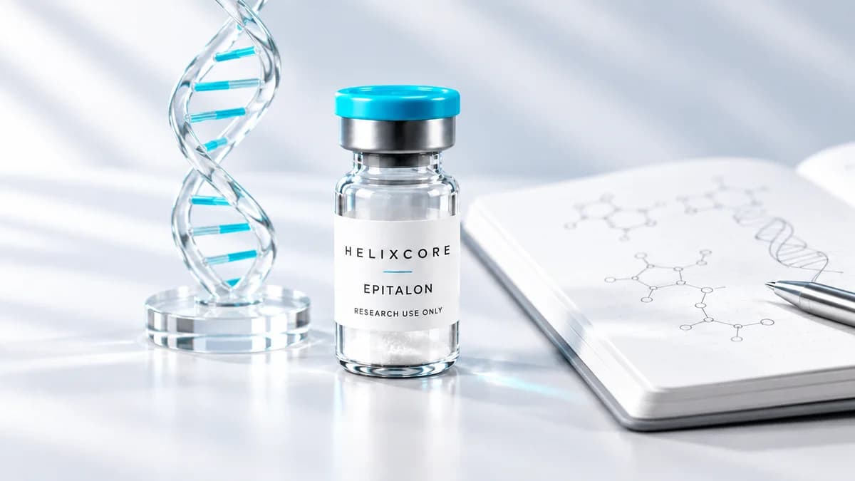 Illustration: Epitalon research vial with a DNA model and research notebook.