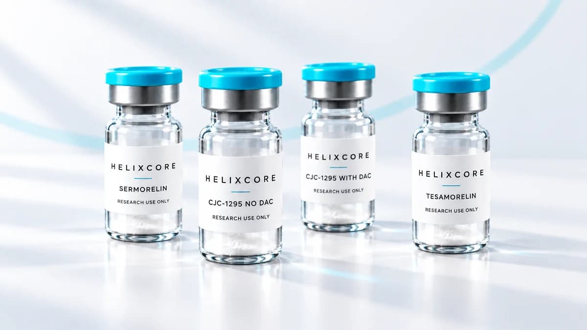 Illustration: Sermorelin, CJC-1295 variants and Tesamorelin research vials.