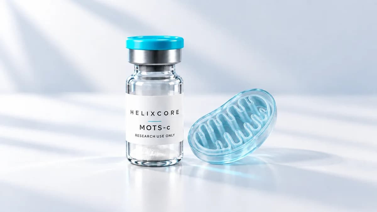 Illustration: MOTS-c research vial beside an illustrative mitochondrion model.