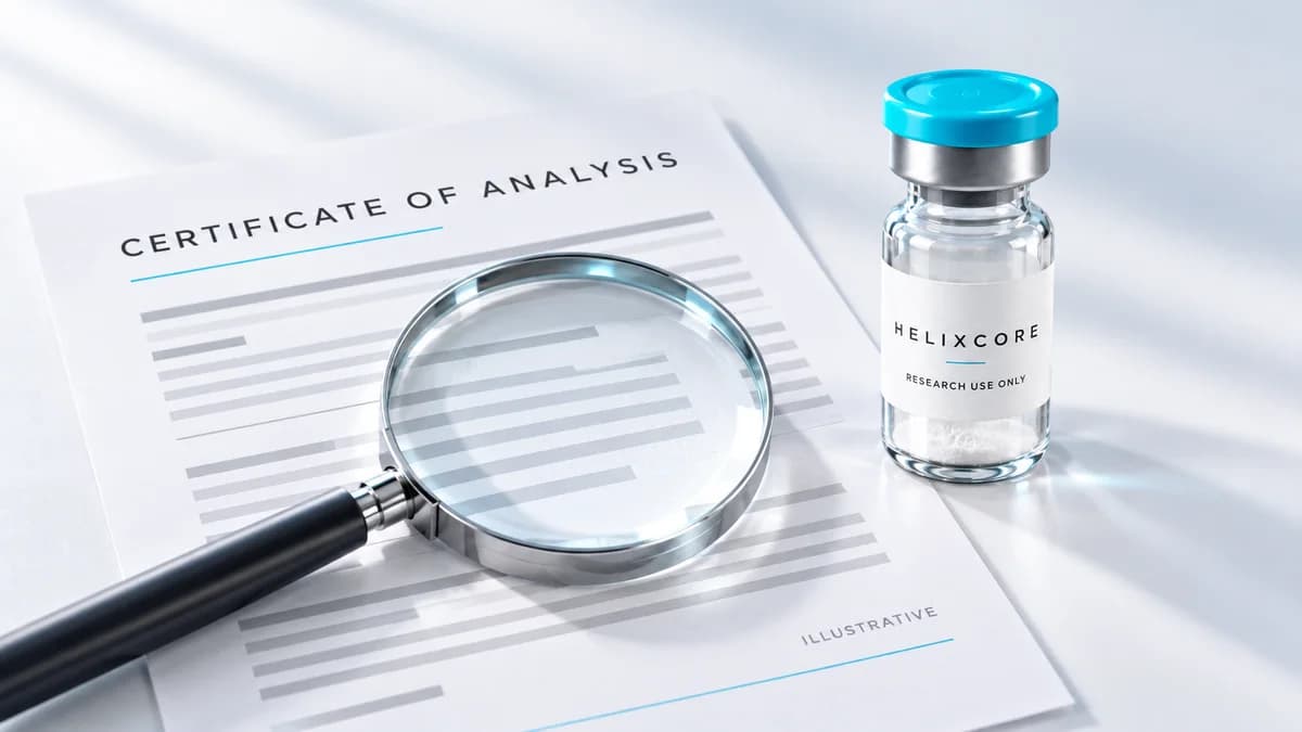 Illustration: Magnifying lens over an illustrative certificate of analysis beside a research vial.