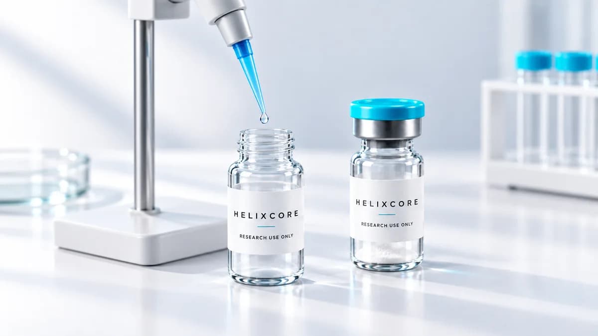 Illustration: Laboratory micropipette positioned above a sample vial for solution preparation.