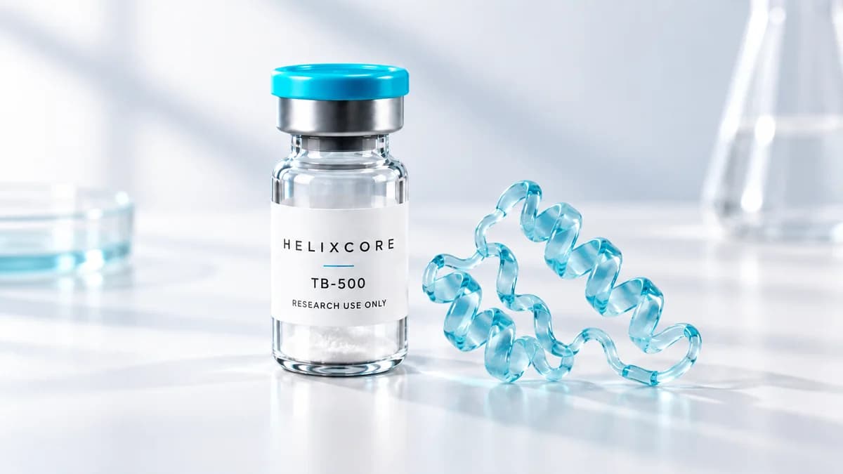 Illustration: TB-500 research vial beside an illustrative protein-filament model.